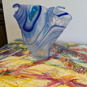 Murano Style Vase With Blue Swirl Pattern Of Blue And White. Ruffled Top.